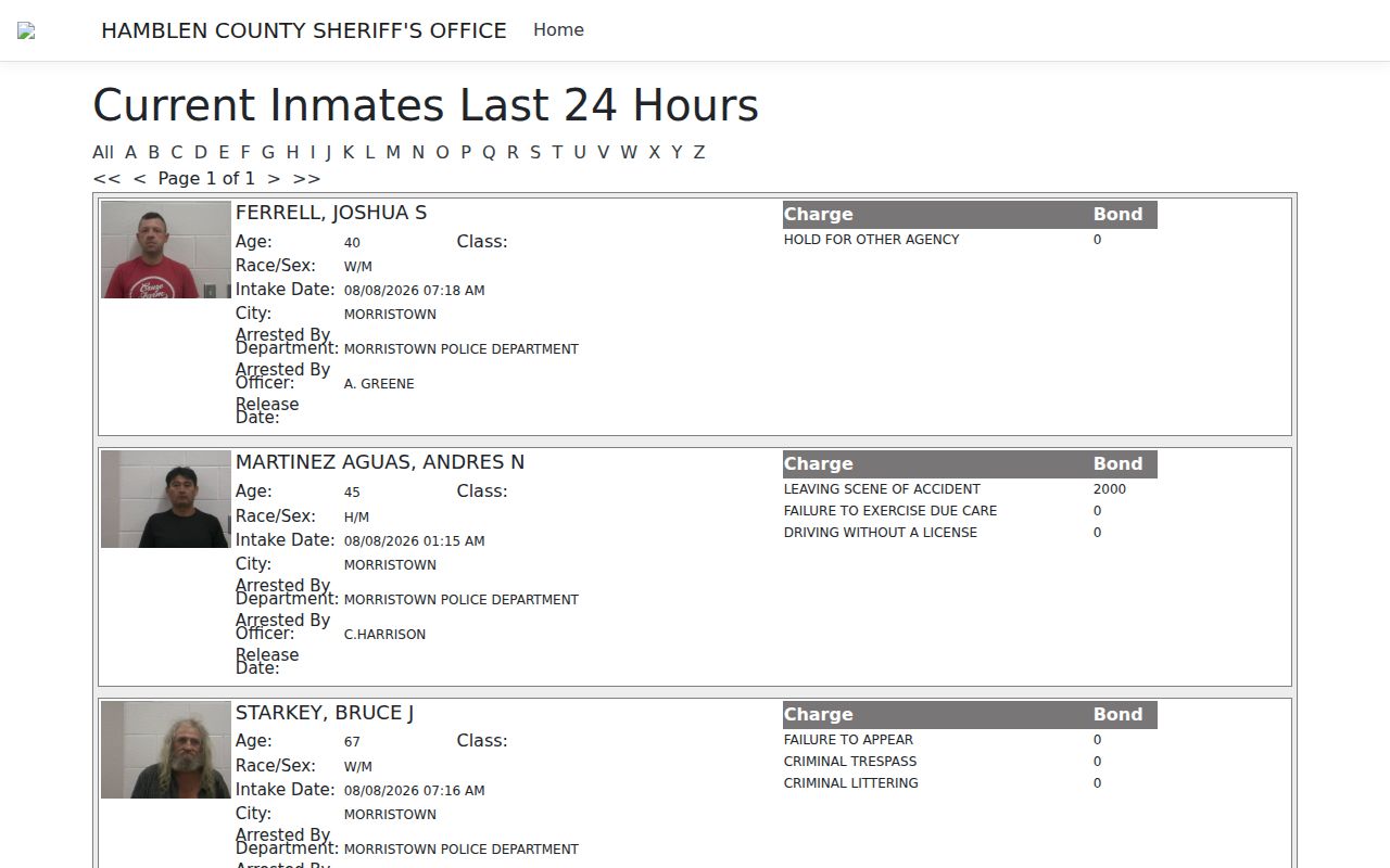 Hamblen County 24-hour arrest intake and release lookup