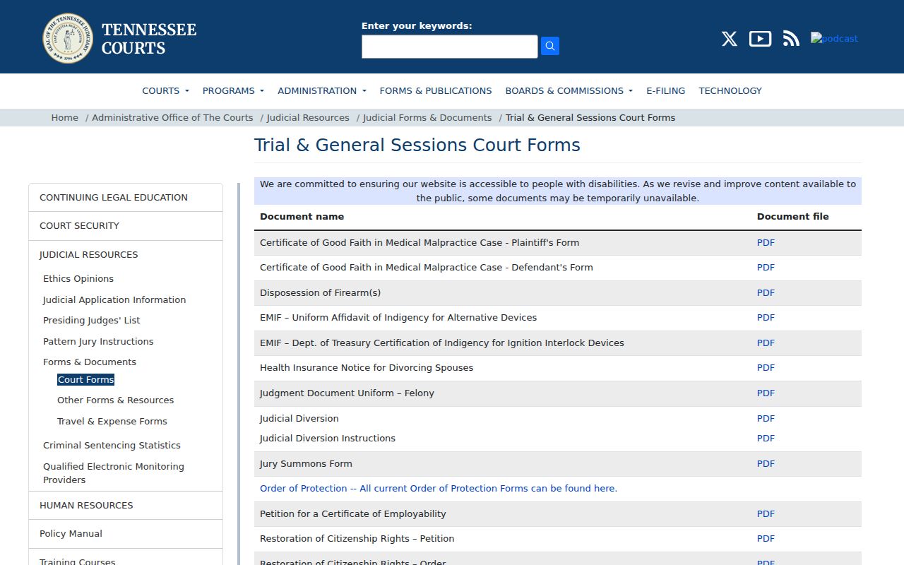 Tennessee forms used with Hamblen County criminal court cases