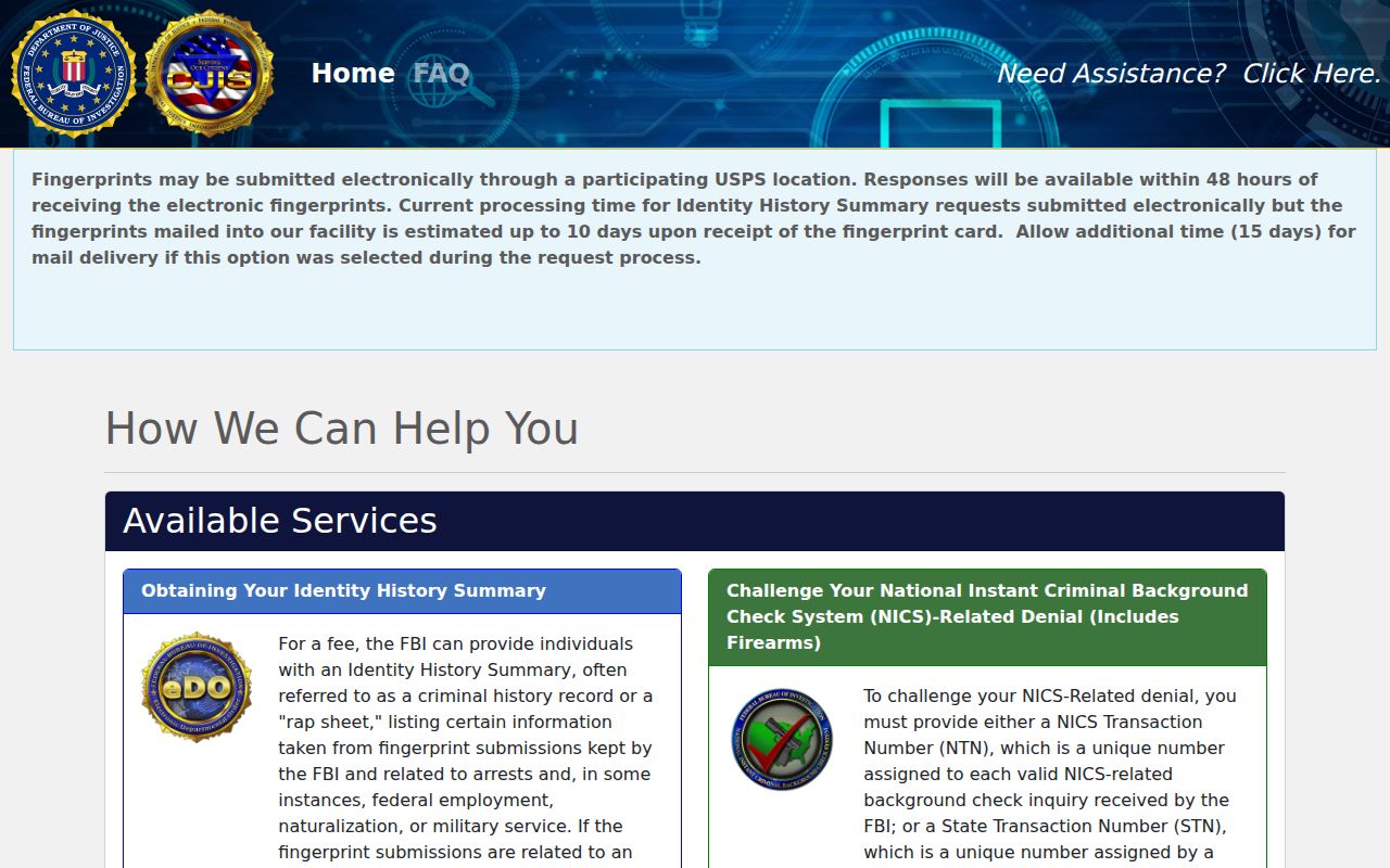 Hamblen County criminal history FBI identity summary request portal