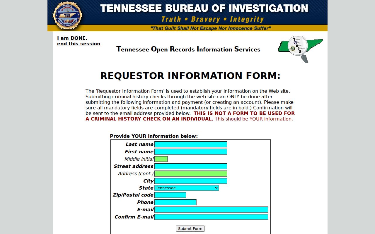 Hamblen County criminal history TORIS search entry screen