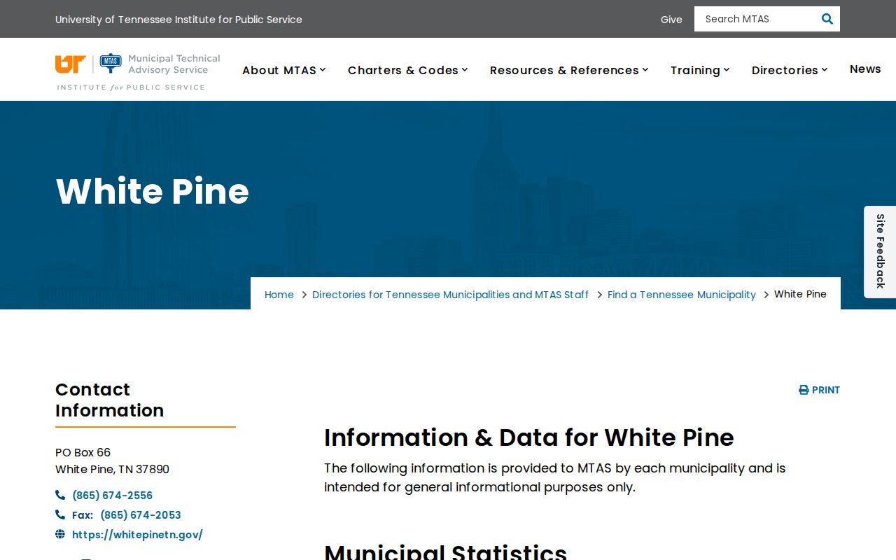 MTAS municipal directory for White Pine Tennessee